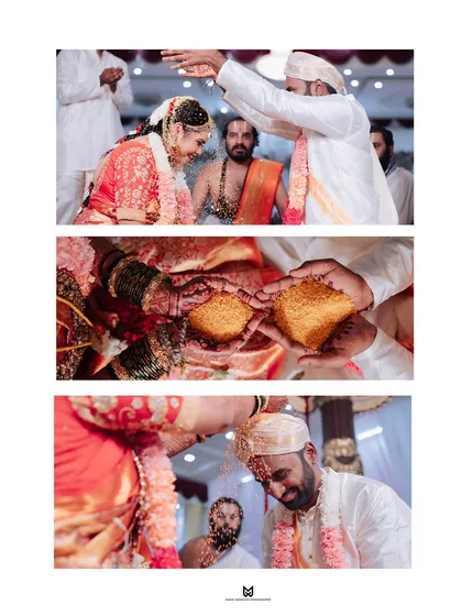 A collage of key moments from Likith and Kusum's South Indian wedding ceremony, including the blessings with rice, a sacred and photogenic ritual.