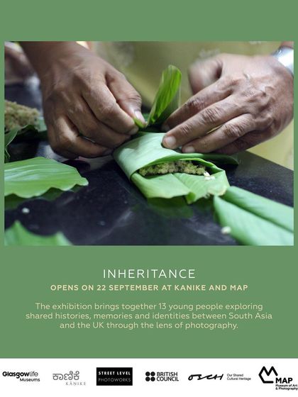 An announcement for the "Inheritance" exhibition, highlighting the young artists involved from both Bengaluru and Glasgow.