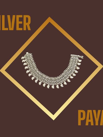 Elegance in every step. A graphic showcasing one of our classic silver payal designs, with delicate mango-shaped drops.