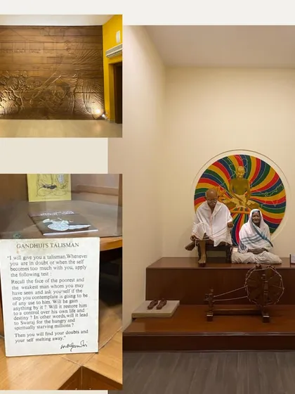 A collage of exhibits from the Gandhi Smriti, including a display of Gandhi's talisman and a sculpture of him with Kasturba Gandhi. These displays combine personal philosophy with artistic representation to construct a multi-faceted image of the Mahatma.