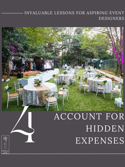 Accounting for hidden expenses is a lesson every event designer must learn. This outdoor reception setup, with its tables, chairs, and lighting, involves more than just flowers, and my business curriculum prepares you for it all.
