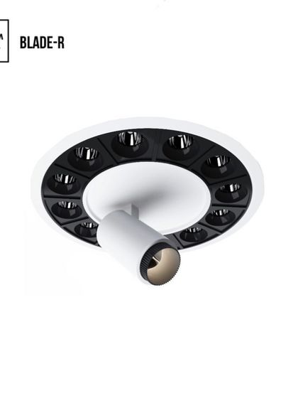 Introducing the Blade R, a compact and powerful lighting tool. This fixture integrates multiple miniaturized light sources into one, with a central adjustable spotlight, offering versatile, high-performance lighting from a single point.