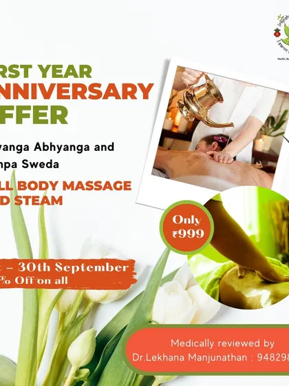 We regularly offer special packages like this full-body massage (Sarvanga Abhyanga) and steam (Bashpa Sweda) combination. This therapy is excellent for detoxification, muscle relaxation, and overall rejuvenation.