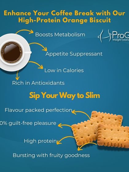 Enhance your coffee break with our High-Protein Orange Biscuits. They boost metabolism, suppress appetite, and are low in calories, making them a perfect guilt-free snack.