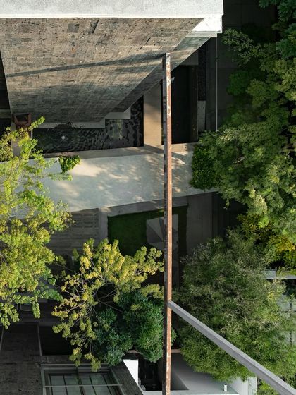 A bird's-eye perspective of a modern home, showing how the landscape design integrates with the building's form. The trees and greenery soften the structure's hard edges, creating a harmonious composition.