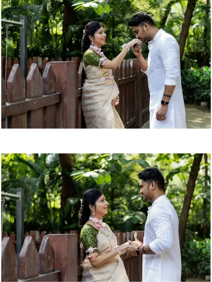 A collage showing two tender moments: the husband kissing his wife's hand and them holding hands, both set against a natural, green backdrop.