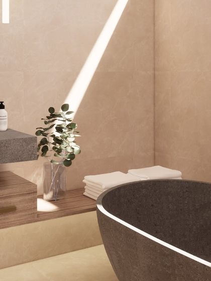 This render highlights the play of light in the 'Kasu Vaha' bathroom, with a skylight casting a beam over the freestanding stone bathtub.