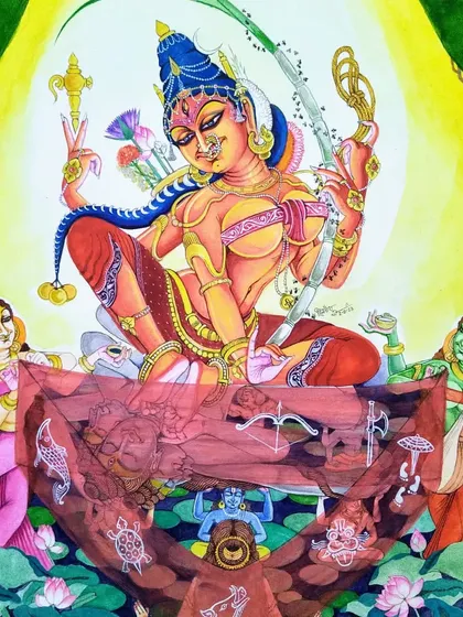 This painting, "Lalita Tripurasundari," is a culmination of deep scriptural study and artistic vision. It depicts the Great Goddess creating the ten avatars of Vishnu from her very fingernails, a concept from the Lalita Sahasranama. Every detail, from the Navamundi aasana to the expressions of Maya and Medha, is rendered to convey the divine play, or 'Leela', of the cosmos.