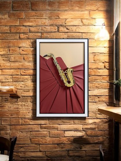 This shadow box features a golden saxophone against a rich, red, pleated background. The elegant design and warm colors make it a sophisticated piece for a jazz lover or anyone who appreciates musical instruments.