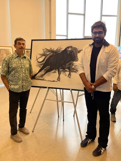 With the Honorable Jayesh Ranjan ji (IAS) and my bull painting 'Mighty Rush' at the Hyderabad art show.