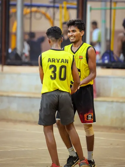 Ritesh from Team Warriors, the U-18 MVP of Hooplah '24, celebrating with his teammates.