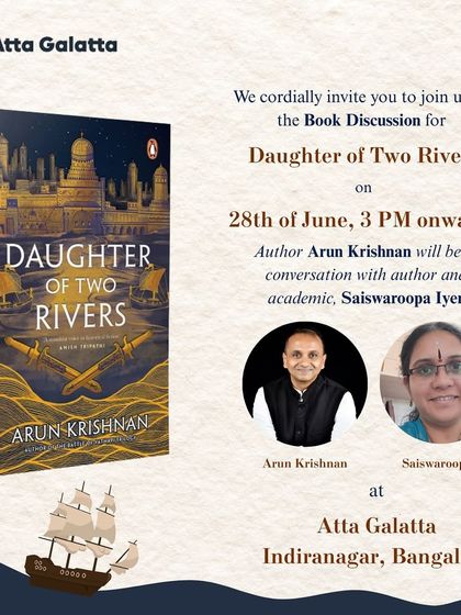 Poster for the book discussion of 'Daughter of Two Rivers' by Dr. Arun Krishnan.