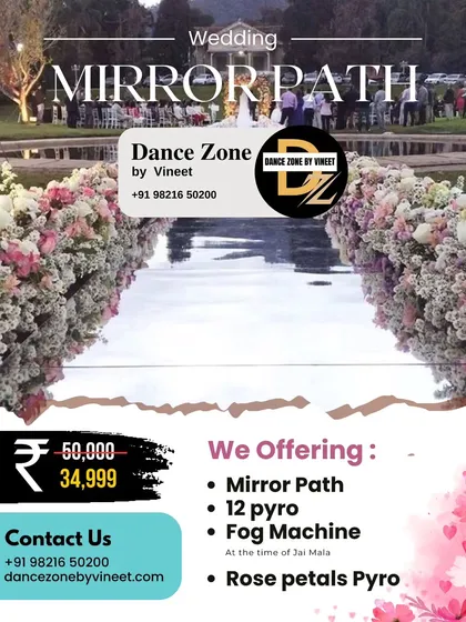 Our Mirror Path package is designed to give you a royal Jai Mala experience. It includes a reflective walkway, 12 pyros for a grand effect, a fog machine for ambiance, and a rose petal pyro shower.