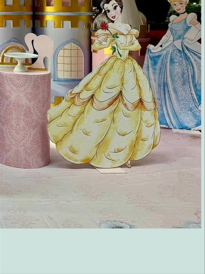 A close-up of the beautiful Belle cutout, showing the detail and quality of the character props I use to bring the theme to life.