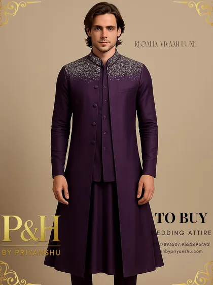 This full-length shot captures the modern yet traditional essence of the purple Anarkali suit, perfect for a groom's sangeet or reception.