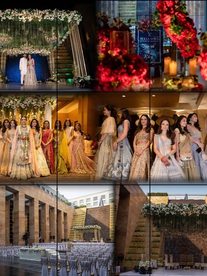 A collage showcasing a complete wedding event, from the grand stage and guest seating to the happy bride and her bridesmaids.