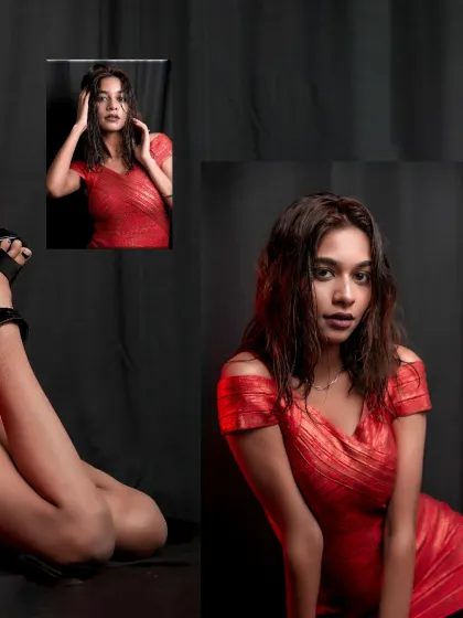 A creative composition showing different angles of the red dress shoot, from a full-body pose to a close-up, capturing the overall mood.