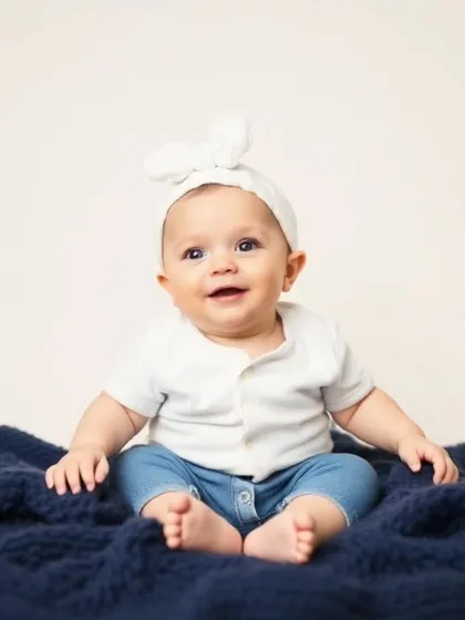 An indoor studio-style portrait of a smiling baby against a clean, simple background. We provide controlled lighting and backdrops for classic baby photos.