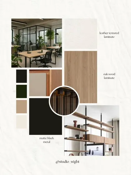 This mood board for the Noir Oak project shows the intentional material palette I selected. The warmth of oak wood, the structure of matte black metal, and the subtlety of leather-textured laminate come together to reflect the poise and precision the legal profession demands.