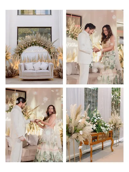 A collage showcasing key moments and decor from the Roka ceremony. It highlights the pampas grass stage, the ring exchange, and the beautiful floral details that made the event special.