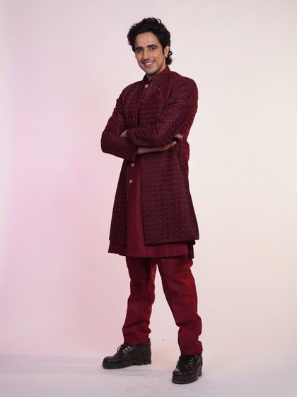Rent the look, not the drama. This maroon Indo-Western set is all about effortless style and making a statement without the commitment.