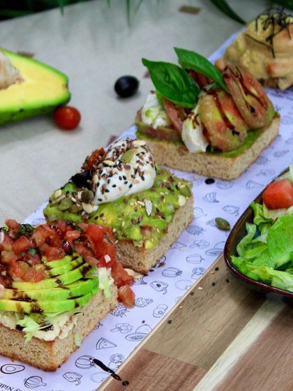 Our assorted avocado sandwich platter is a health powerhouse. It features four varieties, including toppings like our in-house vegan burrata, cherry tomatoes, and fresh basil, all on freshly baked whole-wheat bread.