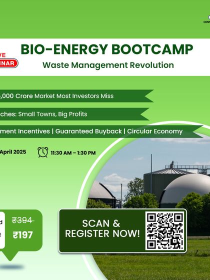 This ad for our "From Trash to Cash" masterclass features a Bio-CNG plant and a QR code for registration. It focuses on the practical steps of securing waste contracts and achieving a monthly profit potential of ₹5-8 lakhs.