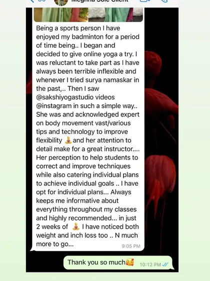 I was so happy to receive this message from a client. She was hesitant about online yoga but noticed weight and inch loss within just a few weeks of joining my classes. It shows that with consistency, real results are possible.