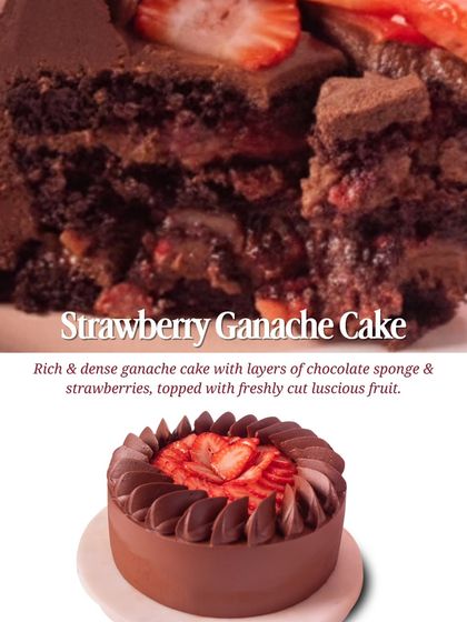A descriptive image of the Strawberry Ganache Cake, highlighting the rich, dense ganache, chocolate sponge, and layers of luscious strawberries.