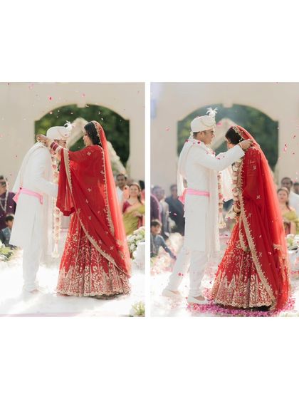 A diptych of the Varmala ceremony, capturing the playful and loving exchange of garlands.
