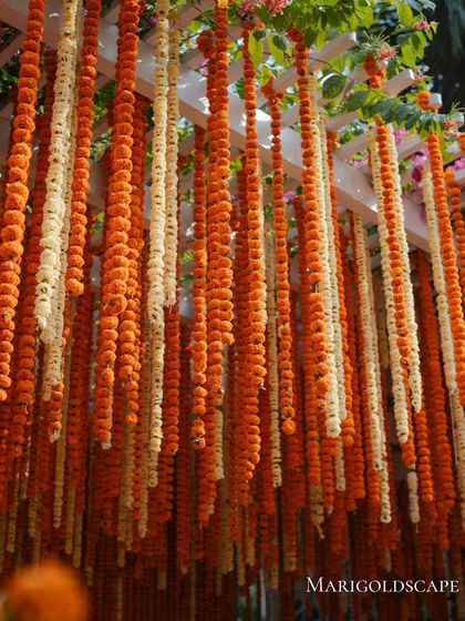 A close-up of the "Marigoldscape," showing the dense curtain of orange and white marigold strings that formed a key part of the Haldi decor.