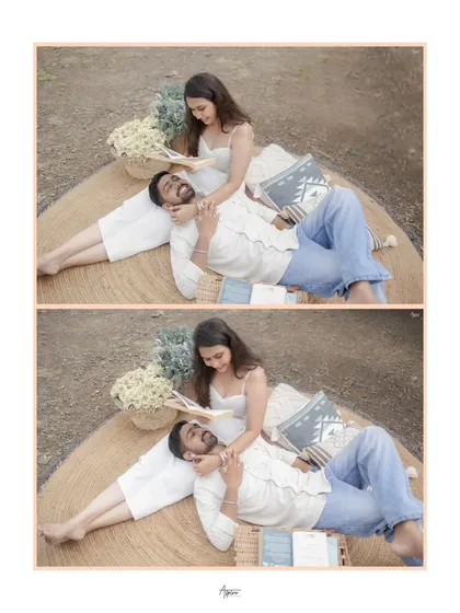 A tender and intimate portrait of Kunal and Darshita enjoying their picnic. The overhead angle and their relaxed poses create a unique and personal snapshot of their connection.