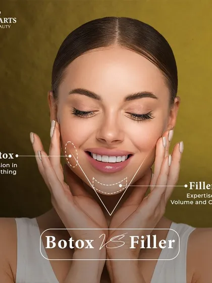 A visual comparison of Botox versus Fillers, showing how Botox provides precision in smoothing while fillers offer expertise in adding volume and contour.
