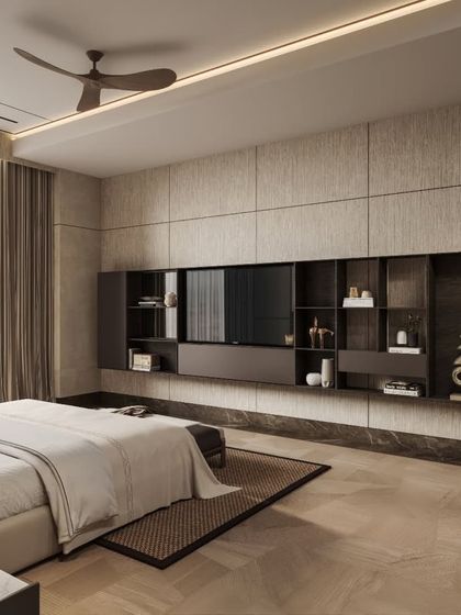 Multiple views of a bedroom with a rustic-modern aesthetic, featuring wood paneling and a decorative bull skull. Our renders capture the warm, earthy tones and the balance between rugged and refined elements.