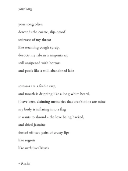 'your song'. A poem about how music or a voice can enter and affect the body, bringing up memories and horrors.