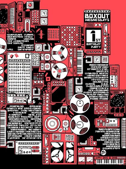 A commemorative poster celebrating the first year of Boxout Wednesdays, listing every single artist who played. This weekly club night was foundational in building a community around diverse global sounds in New Delhi.