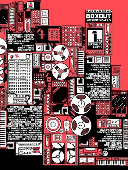 A commemorative poster celebrating the first year of Boxout Wednesdays, listing every single artist who played. This weekly club night was foundational in building a community around diverse global sounds in New Delhi.