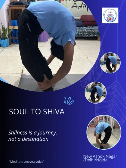 A student in a deep forward fold, embodying our motto "Meditate, move, evolve." Stillness is a journey we embark on together at Soul to Shiva.