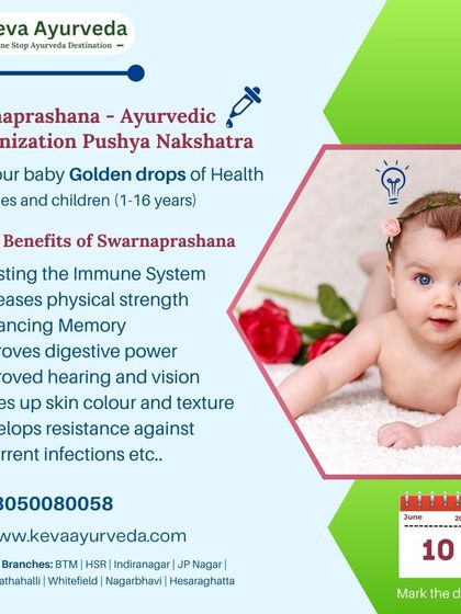 An image of a healthy baby is paired with a list of Swarnaprashana's benefits. We emphasize its role in boosting the immune system, increasing physical strength, enhancing memory, and improving skin tone.