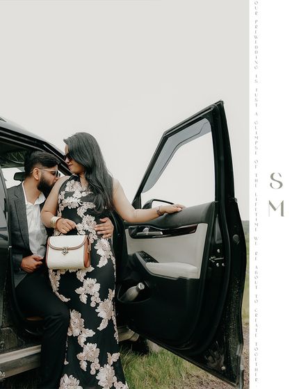 A stylish exit from their Kia Seltos. This editorial-style shot captures a moment of elegance and partnership, as if they are arriving at the start of their new life.