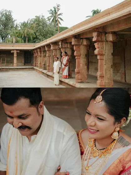 This collage pairs a wide shot of the couple in a temple corridor with a close-up of them sharing a genuine laugh. It perfectly captures both the grandeur of the location and the intimacy of their relationship.