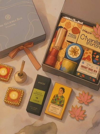 Another dreamy, Ghibli-style illustration of one of my festive hampers. This one features a Diwali-themed box with diyas, incense, and gourmet treats.