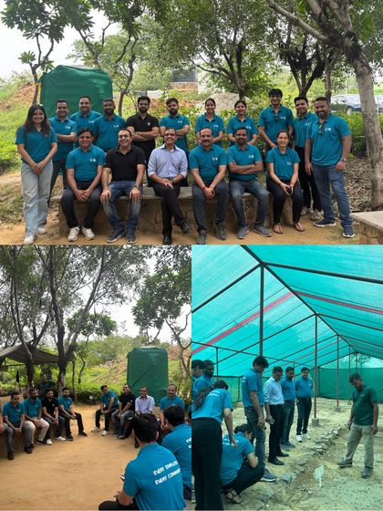A collage showing the team from Valvoline Cummins at our Aranya nursery. They learned about native trees and participated in a team-building activity that connected them with nature and each other.