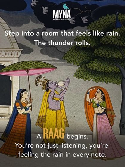 This image, inspired by miniature paintings, illustrates how a Raag can make you feel the rain in every note. It's part of our 'Monsoon Magic' series, where we connect music, emotion, and nature.
