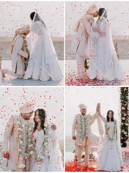 A beautiful sequence of a beach wedding ceremony, from the groom's romantic gesture of kneeling to the couple's first kiss and celebratory walk as newlyweds.