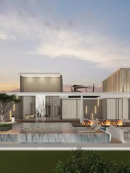 This architectural render showcases a modern resort-style villa we designed in Amritsar. The project features clean lines, a stunning waterfall element cascading into the pool, and a seamless indoor-outdoor living concept, representing the future of luxury living.