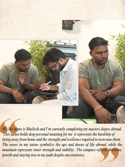 The consultation is where the story begins. Here, our artist and client discuss the elements of his tattoo, from the waves symbolizing life's ups and downs to the mountain representing inner strength.