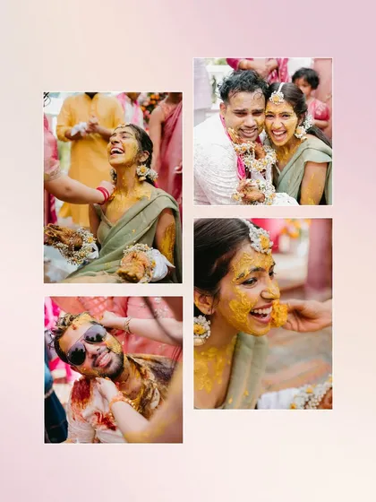 A collage of the couple's Haldi ceremony, showing them being playfully smeared with haldi by their loved ones.