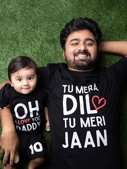 "Tu Mera Dil, Tu Meri Jaan." This father and son duo in matching t-shirts makes for an adorable and memorable portrait.
