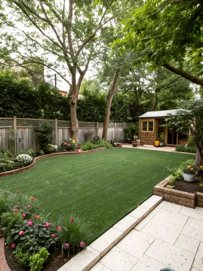 A beautiful residential backyard featuring a healthy lawn, curved flower beds with brick edging, and mature trees. The design creates a classic, park-like feel.
